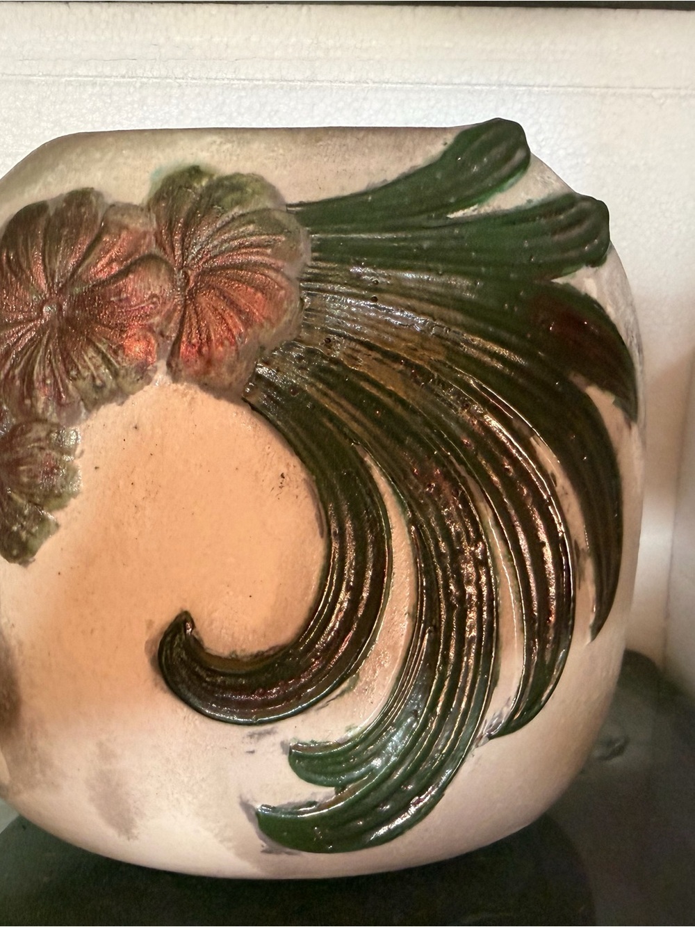 Oval Vase pottery, with flowers on the side. Lightweight sign AMB 2001